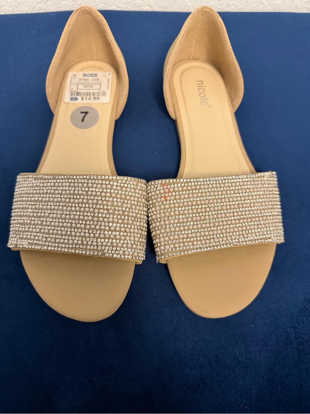 Nicole Women's Beige Faux Leather Slip-On Slide Sandals Flat Rhinestone US 7